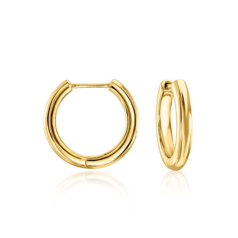 Gold hoop earrings with smooth round hoops and hinge clasp, no visible front drop