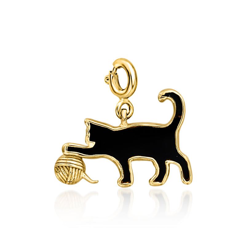 Gold-tone cat charm necklace with black enamel and yarn ball detail