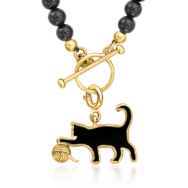 Black bead cat charm necklace with gold bar accent and yarn ball drop