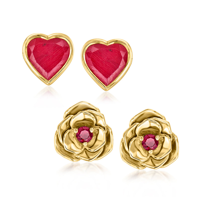 Gold-tone heart and flower stud earrings with red gemstones, post backs.