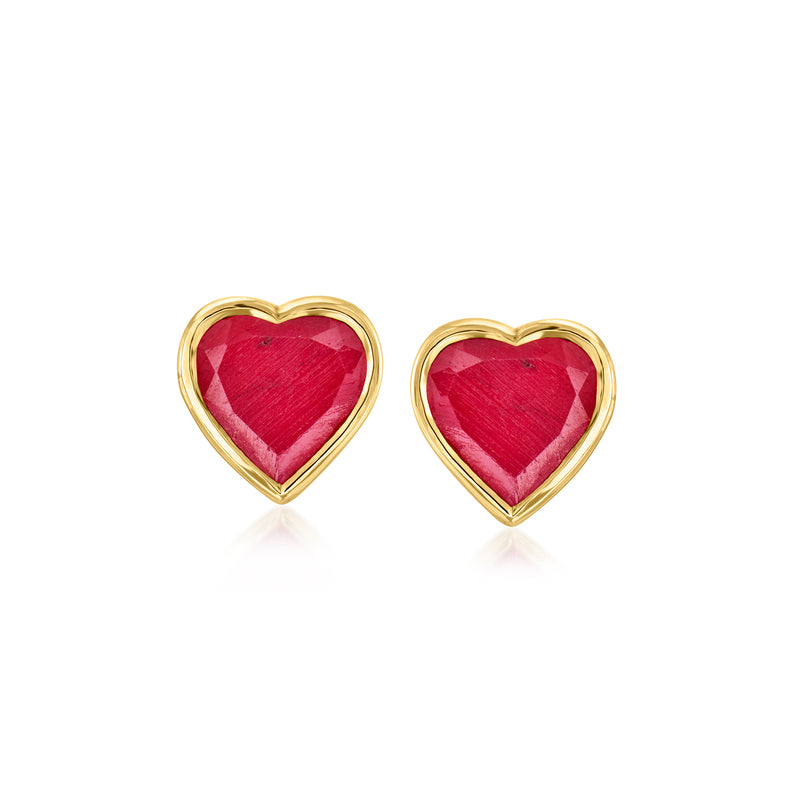 Gold-tone heart stud earrings with red gemstone, post style.