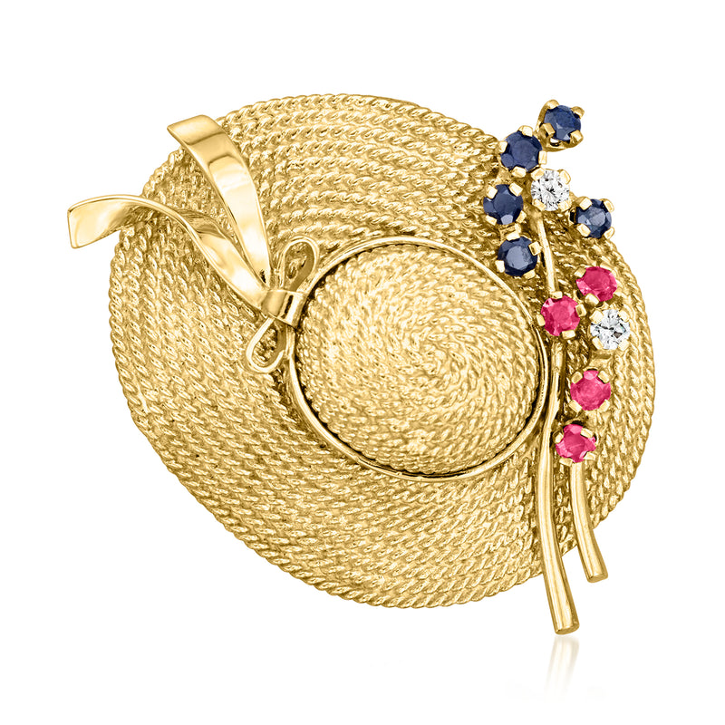 Yellow gold hat pin with blue sapphires, red rubies, and diamond accents