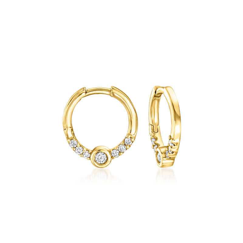 14kt yellow gold diamond clicker hoop earrings, front and side view