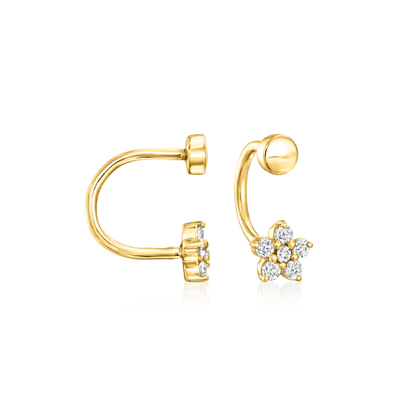14kt yellow gold U-hoop earrings with lab-grown diamond flower charm, front view