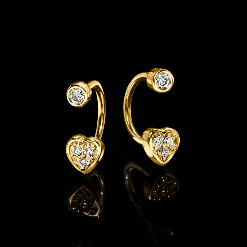 14kt yellow gold heart lab-grown diamond U-hoop earrings, heart charm close-up