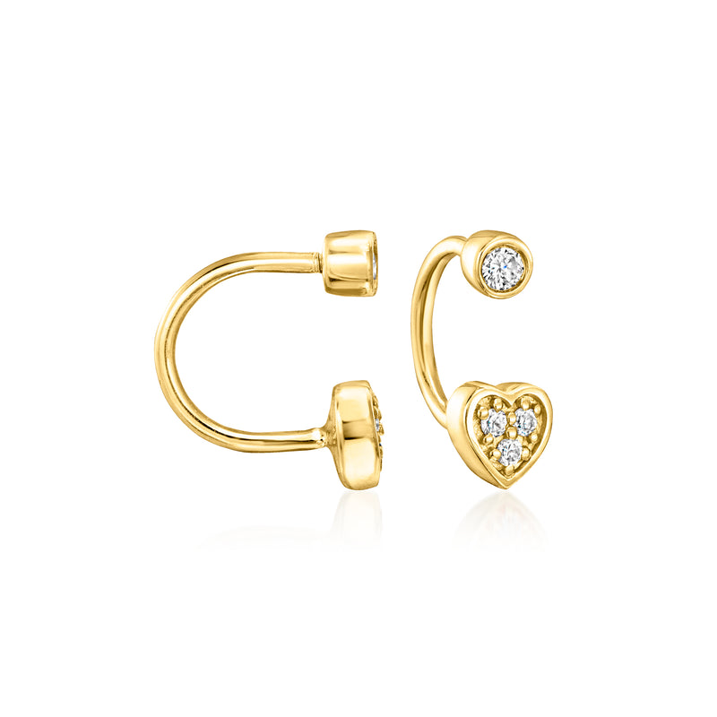 14kt yellow gold heart lab-grown diamond U-hoop earrings, angled pair with heart charm