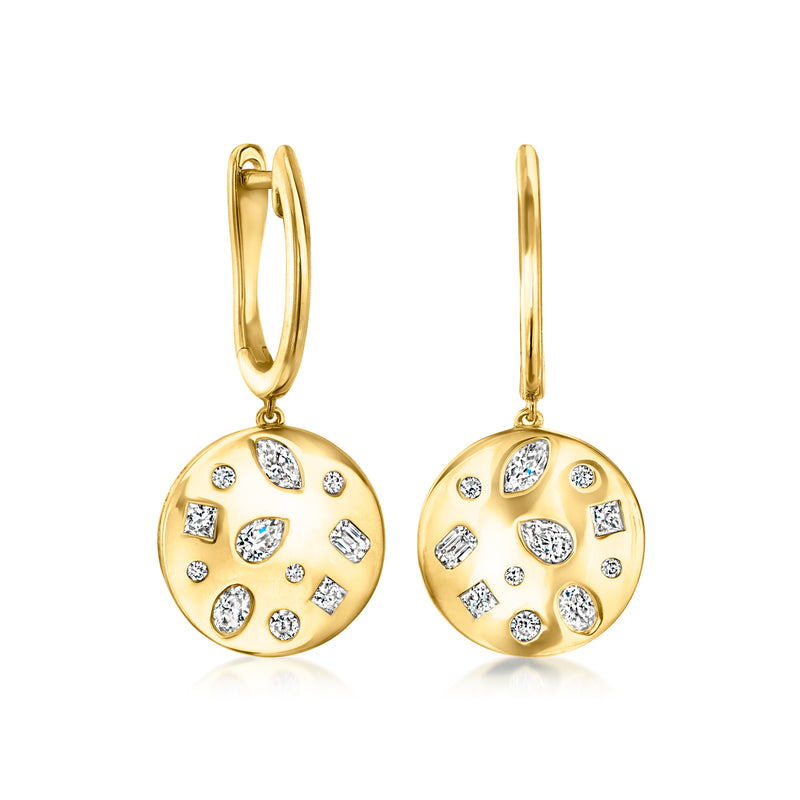 Diamond disc drop earrings in gold with circular center and bezel-set stones
