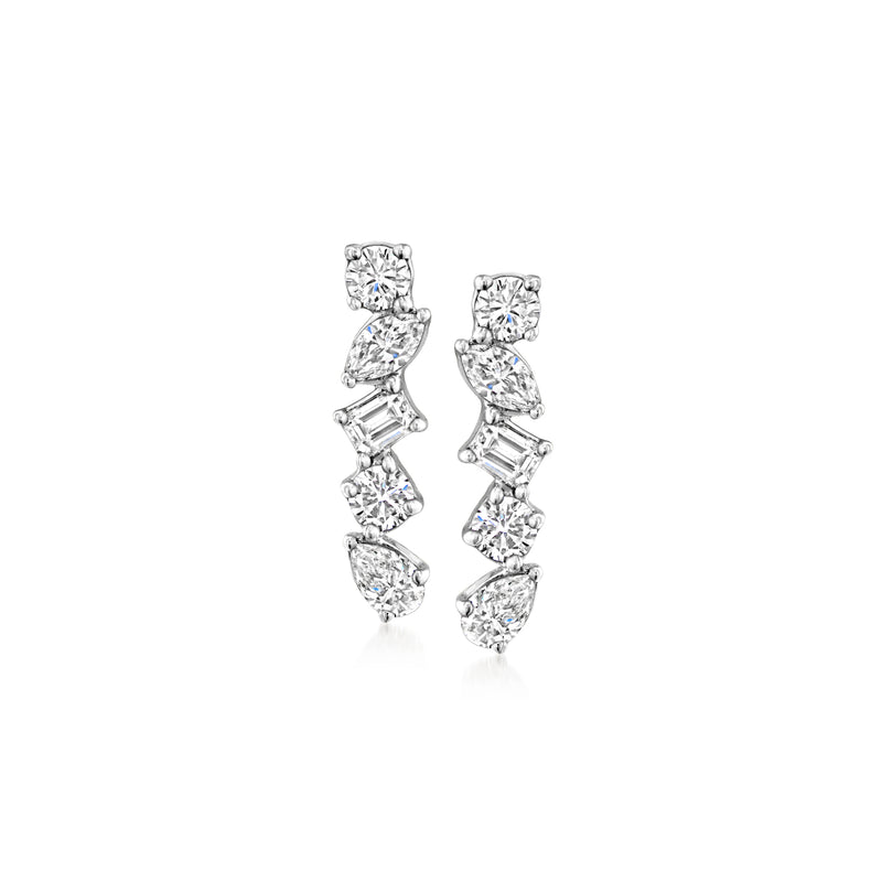 Stacked lab-grown diamond stud earrings in sterling silver, vertical three-stone design