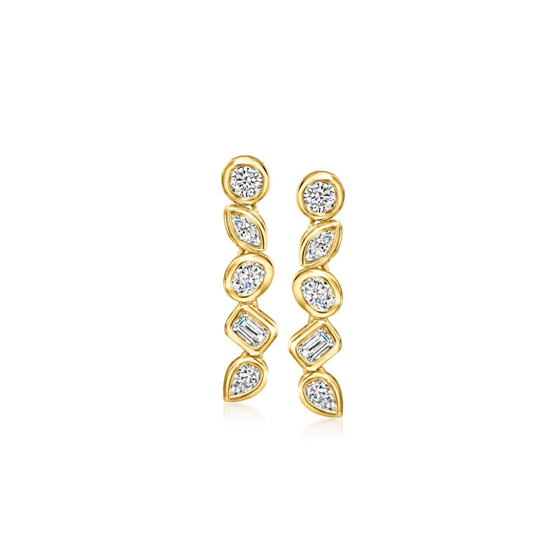 Gold linear bezel-set diamond drop post earrings with round and baguette stones