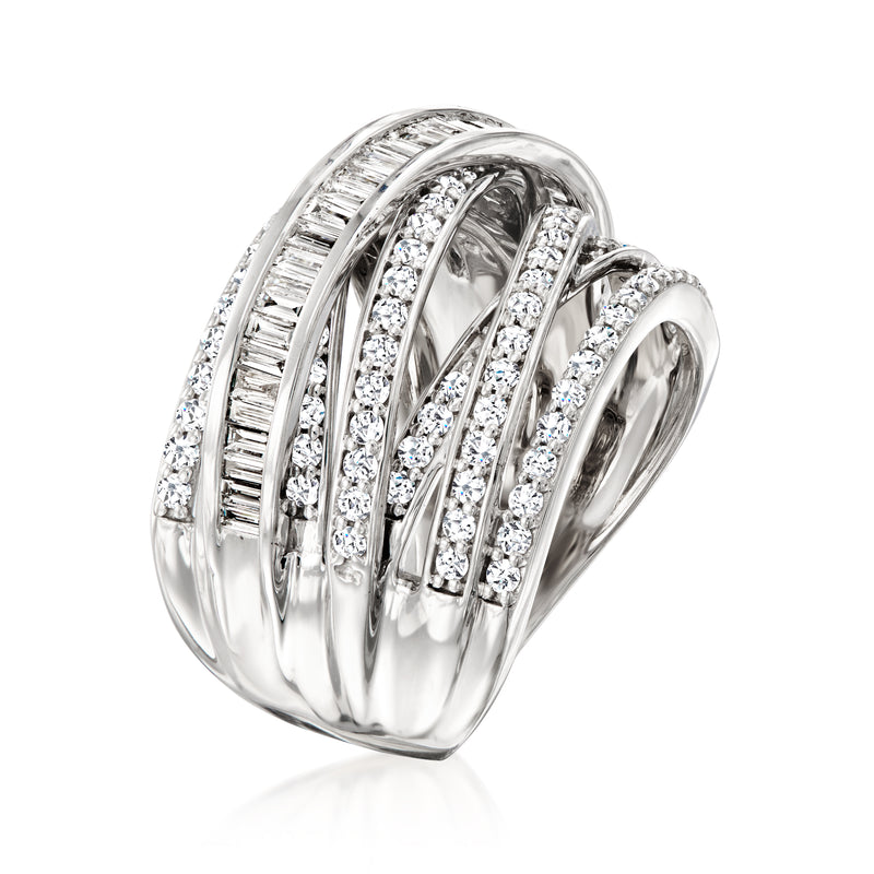 Sterling silver diamond highway band ring, domed top with baguette and round stone rows