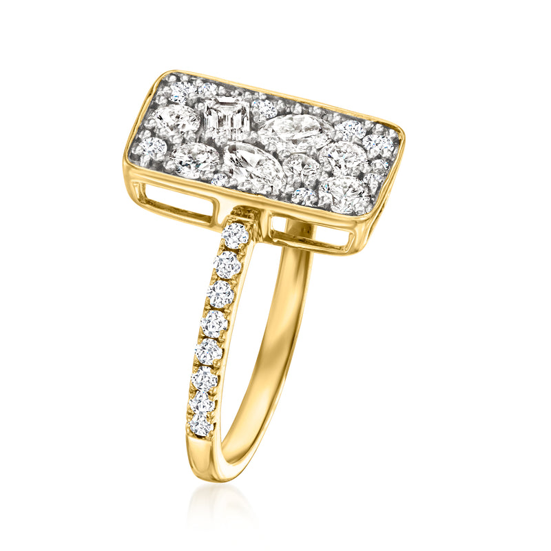 Gold open-bridge ring with rectangular diamond cluster top and small side stones