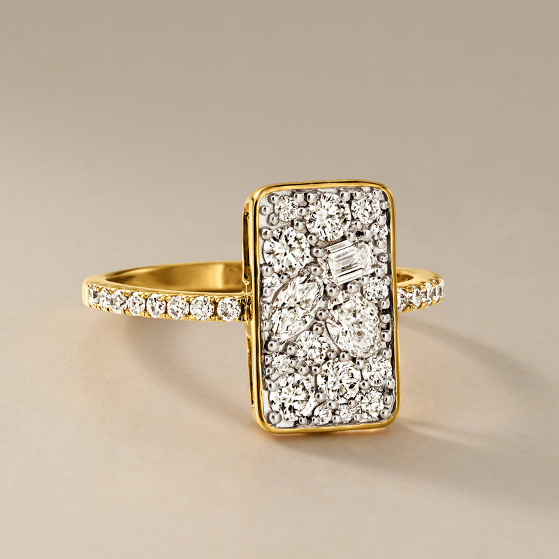 Gold-over-sterling lab-grown diamond cluster ring with rectangular pavé setting