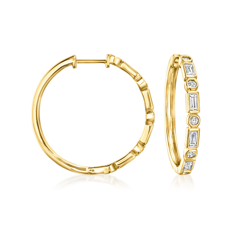 Gold hoop earrings with bezel-set diamond accents and hinged clasp