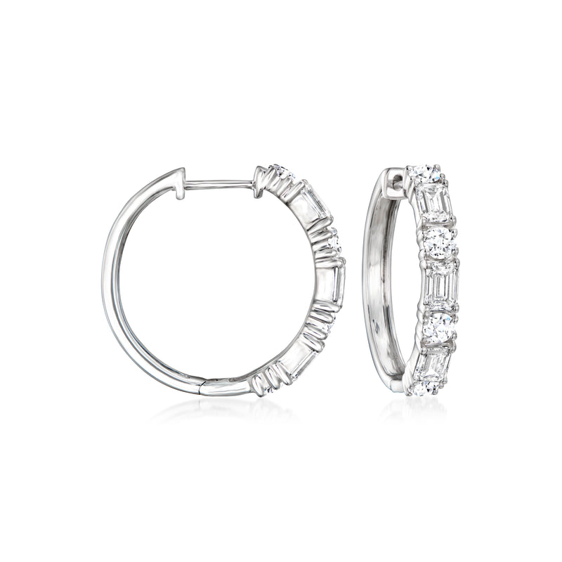 Sterling silver hoop earrings with baguette-cut lab-grown diamonds, pair