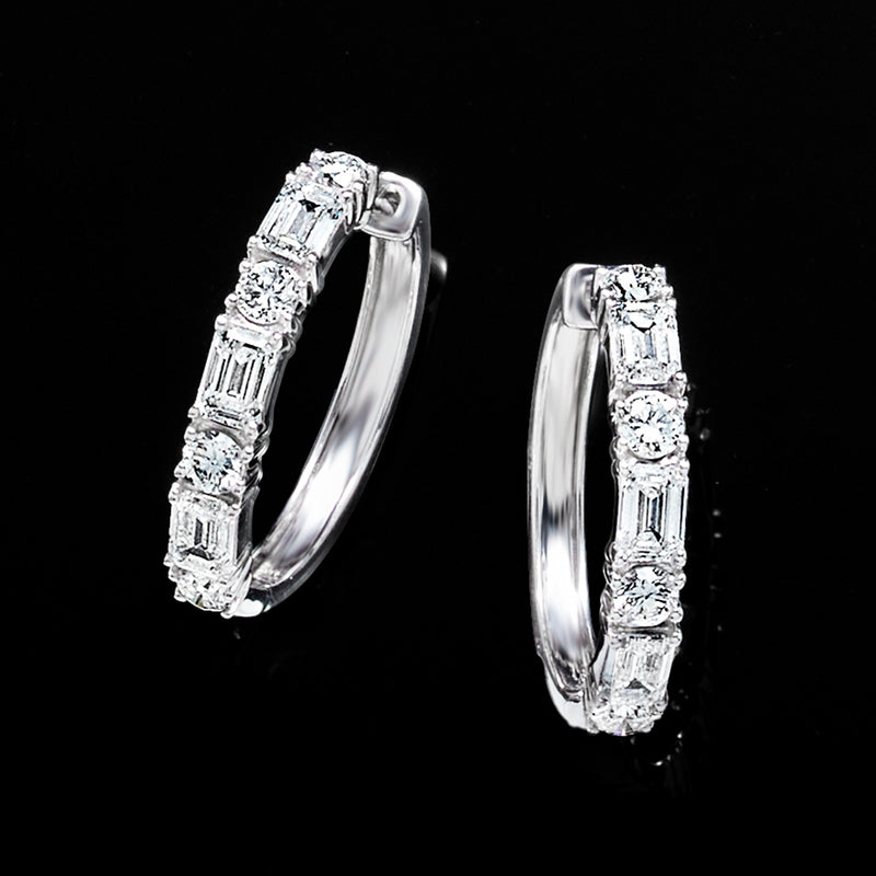 Sterling silver hoop earrings with baguette-cut lab-grown diamonds, front view