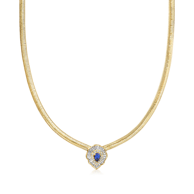 18kt yellow gold pendant necklace with blue sapphire and diamond halo