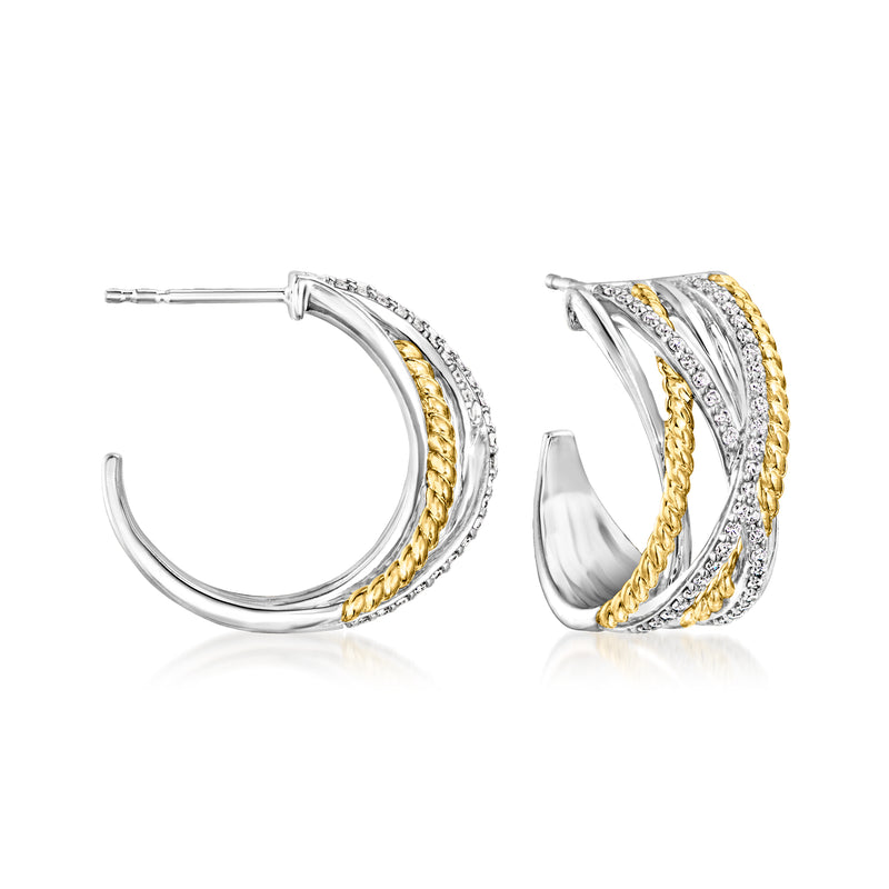 Crisscross hoop earrings with diamond-look stones in sterling silver and 18kt gold over silver