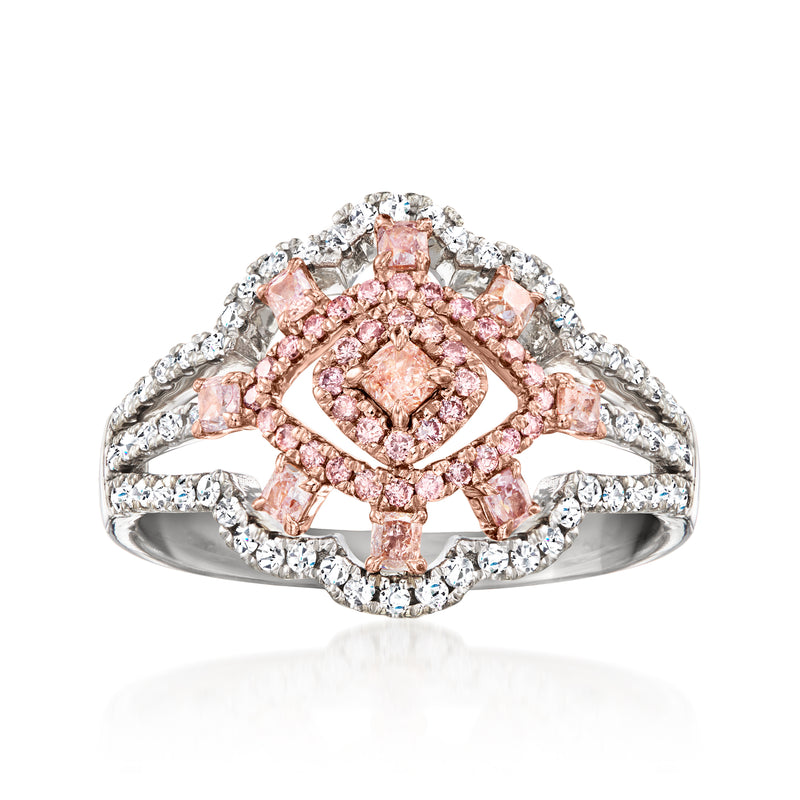 Two-tone gold diamond cluster ring with pink center stones and white halo