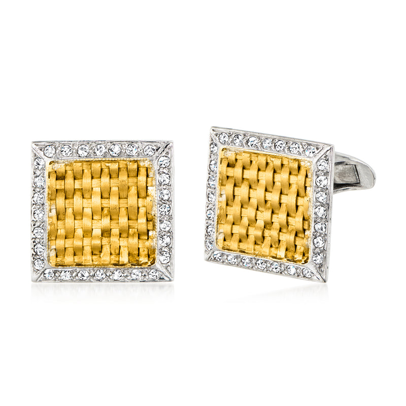 Two-tone gold square diamond cuff links with woven lattice and diamond border