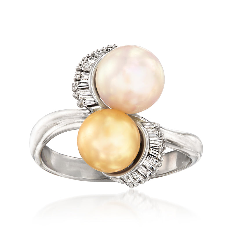 Bypass cultured pearl and diamond ring in platinum with golden and white pearls