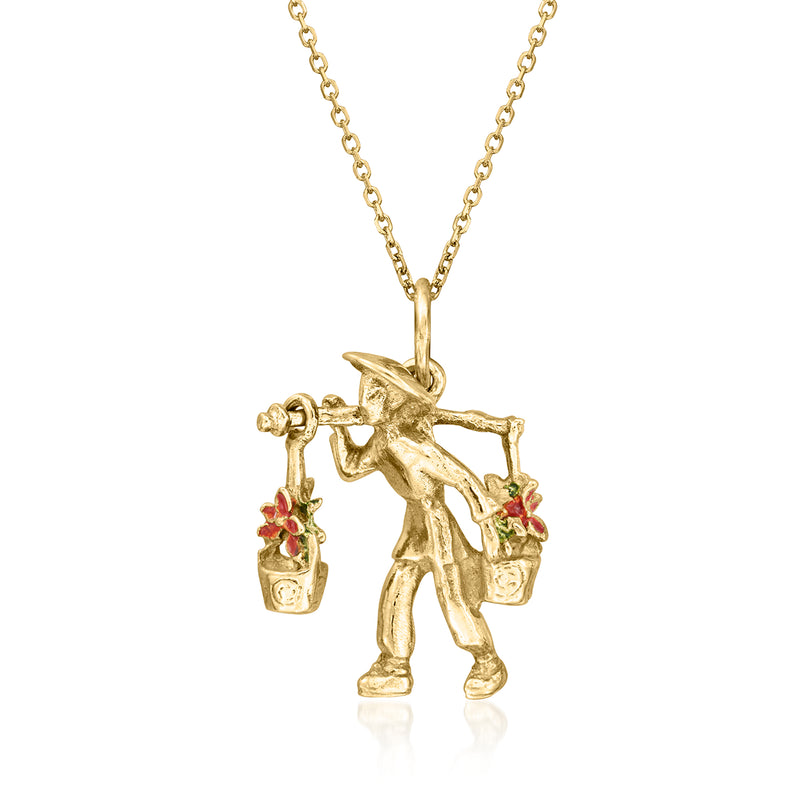 14kt gold pendant necklace with enamel carrier figure and small red flower baskets