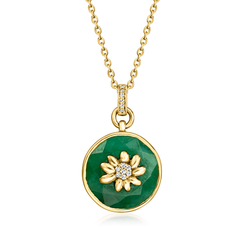 18kt gold over sterling pendant necklace with round green emerald flower