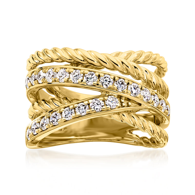 Gold highway ring with braided bands and three rows of round-cut diamonds