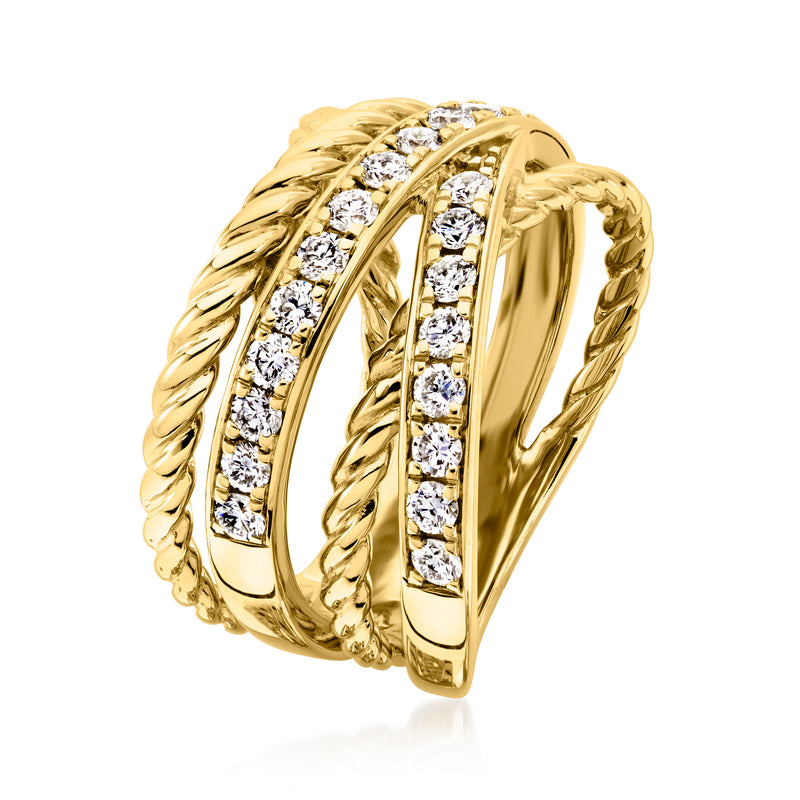 Gold braided highway ring with vertical rows of round-cut diamonds on side
