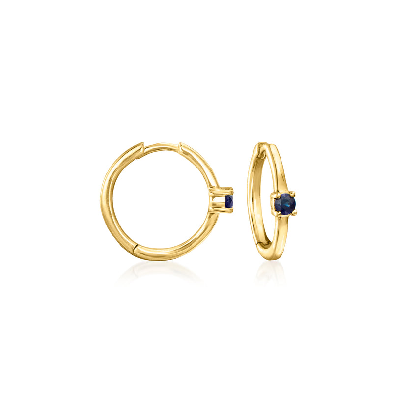 14kt yellow gold click hoop earrings with blue sapphire gemstone, front view