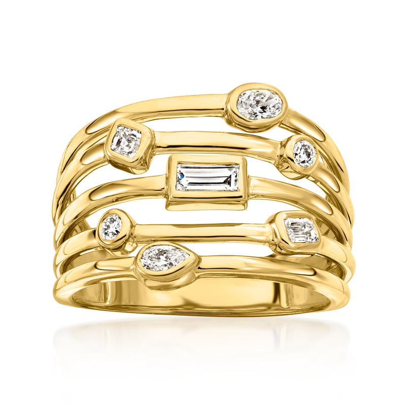 Gold multi-row bezel-set ring with round and baguette lab-grown diamonds