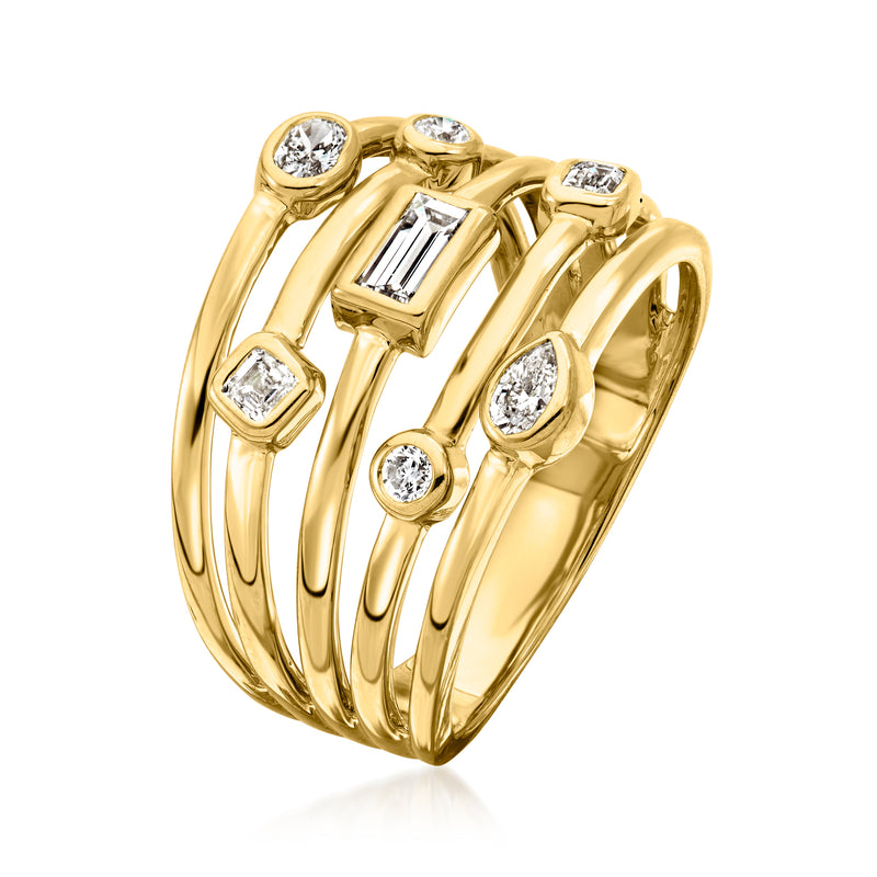 Gold multi-row ring with baguette center and round bezel-set diamonds