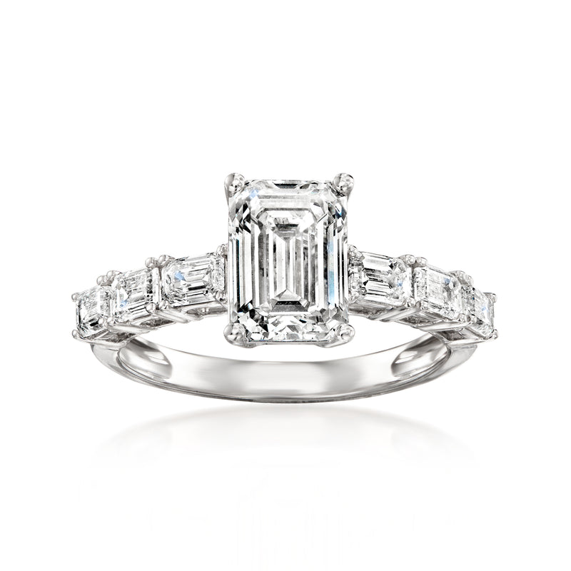 14kt white gold ring with emerald-cut center lab diamond and baguette side stones