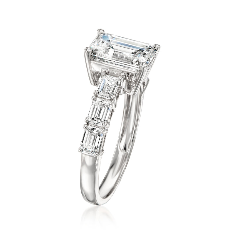 14kt white gold ring with emerald-cut center and baguette lab diamonds