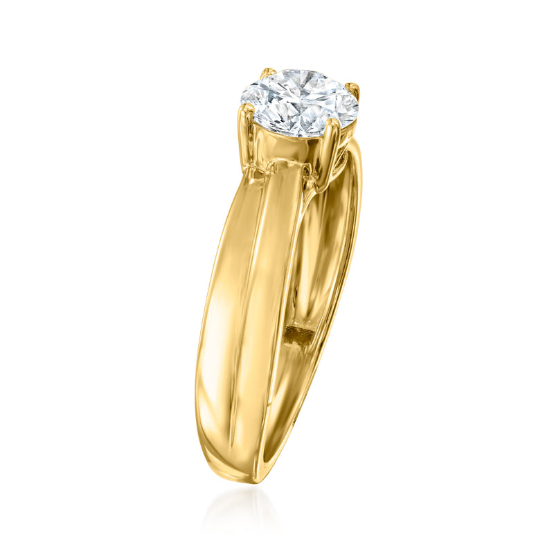 14kt yellow gold twisted ring with round diamond head, side view