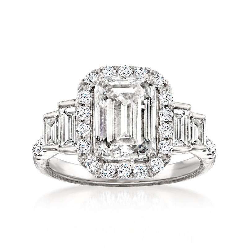 White gold lab-grown diamond ring with emerald-cut center and square halo