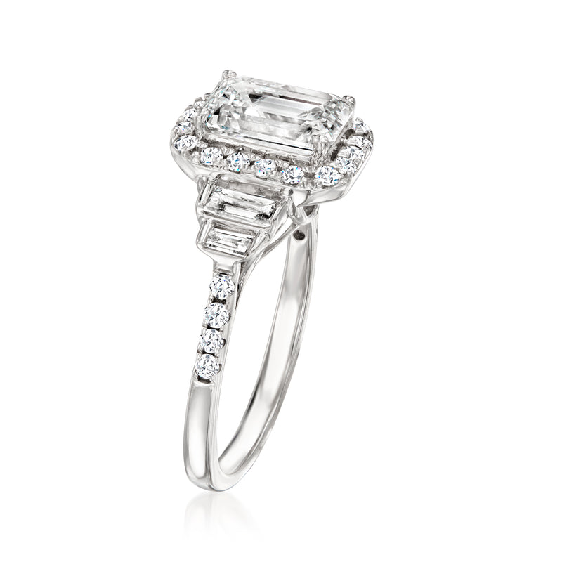 White gold lab-grown diamond ring with emerald-cut center and baguette side stones