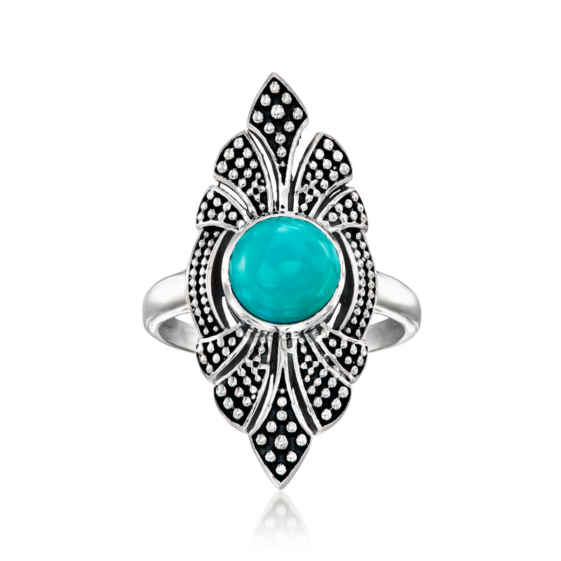 Sterling silver marquise ring with turquoise oval stone and black rhinestone accents