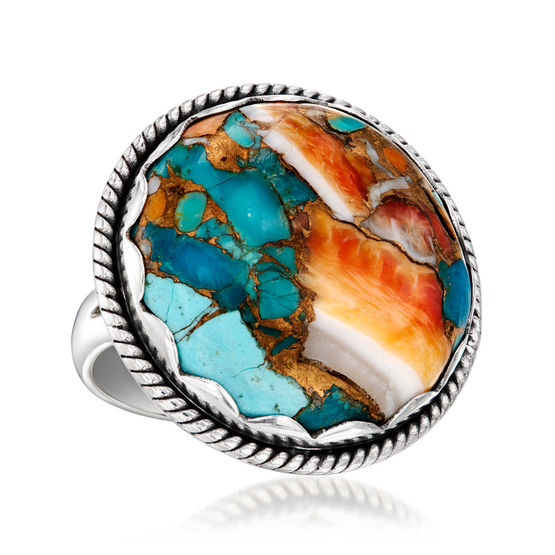Round turquoise inlay sterling silver ring with rope-texture bezel and white stone bands
