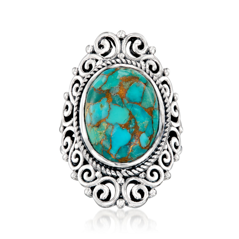 Turquoise oval stone filigree ring in sterling silver with ornate scrolling setting