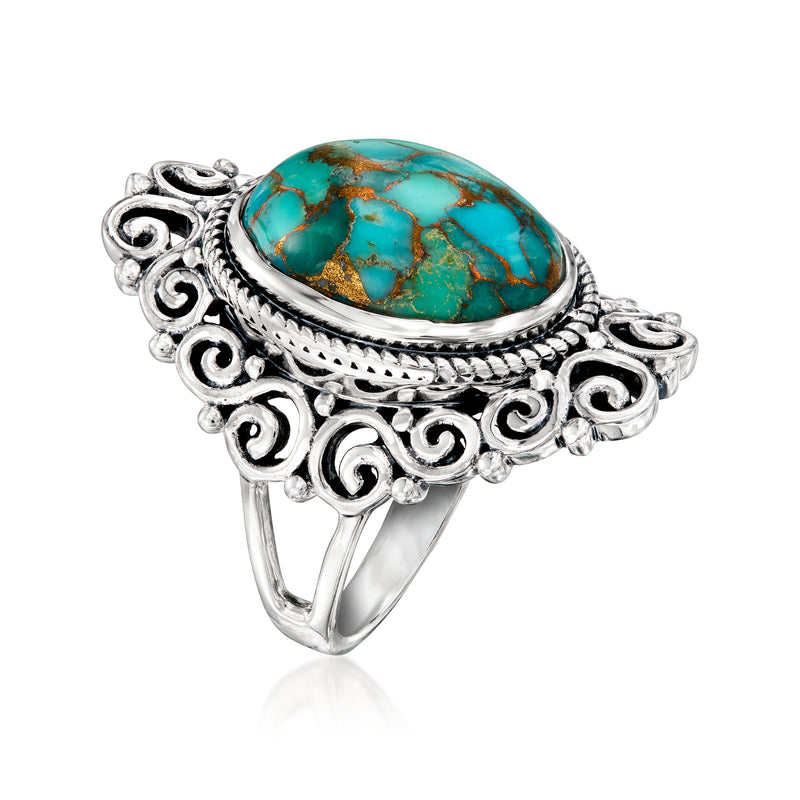 Sterling silver oval turquoise ring with raised braided rope and swirl filigree band