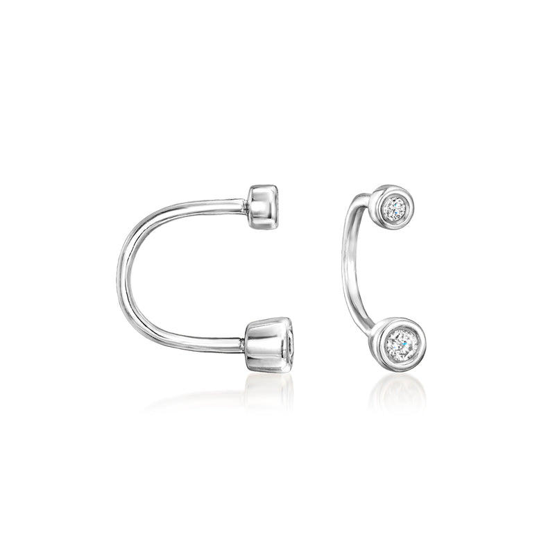 Sterling silver U-hoop earrings shown from front with round bezel-set diamonds