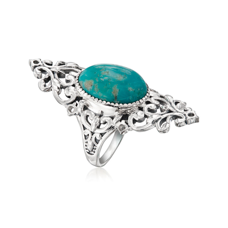 Sterling silver filigree ring with oval turquoise center stone, side view