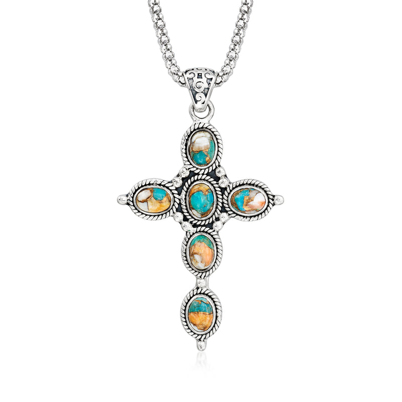 Sterling silver cross pendant necklace with turquoise and amber oval inlays