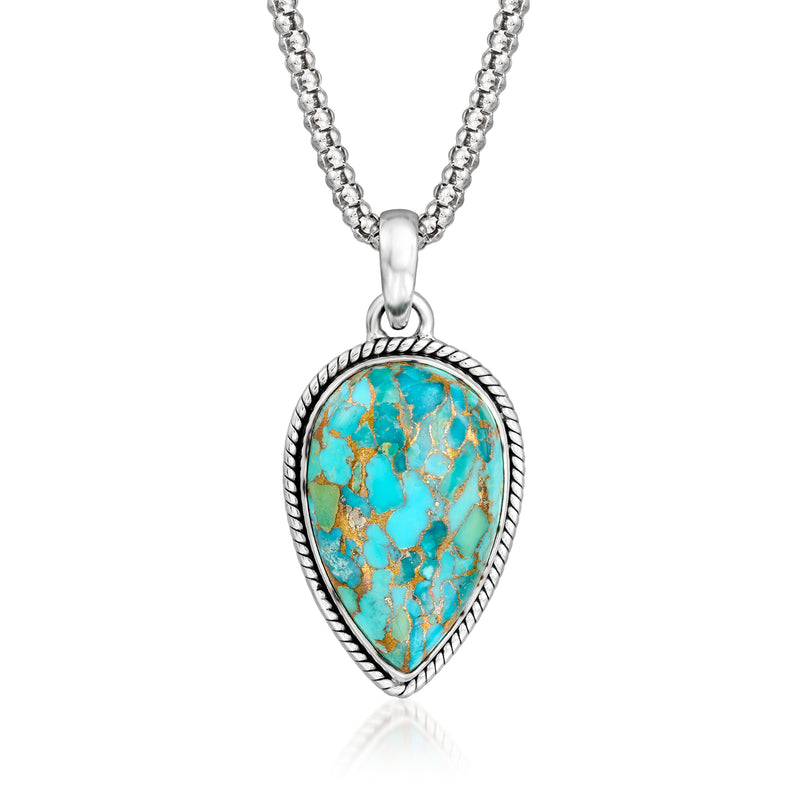 Sterling silver turquoise pear pendant necklace with textured bezel and link chain