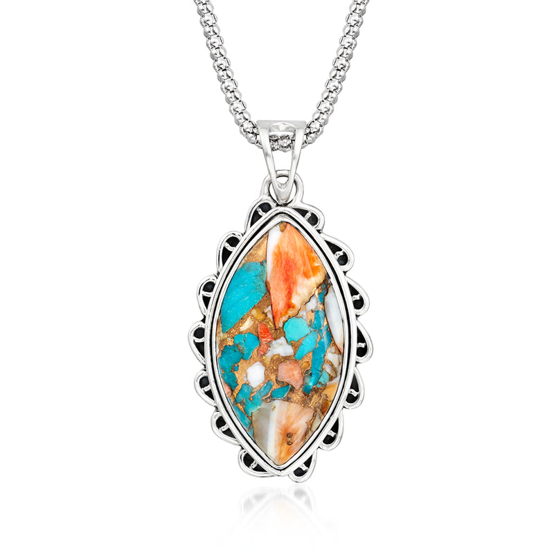 Sterling silver pendant necklace with turquoise marquise gemstone and ornate oval setting
