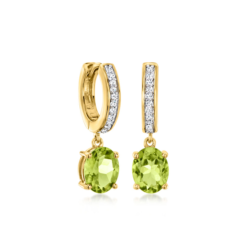 Gold hoop drop earrings with round green peridot and diamond pave accents