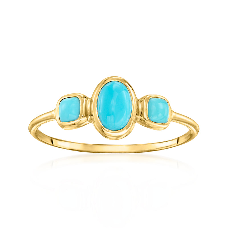 14kt yellow gold three-stone ring with oval turquoise center and side stones