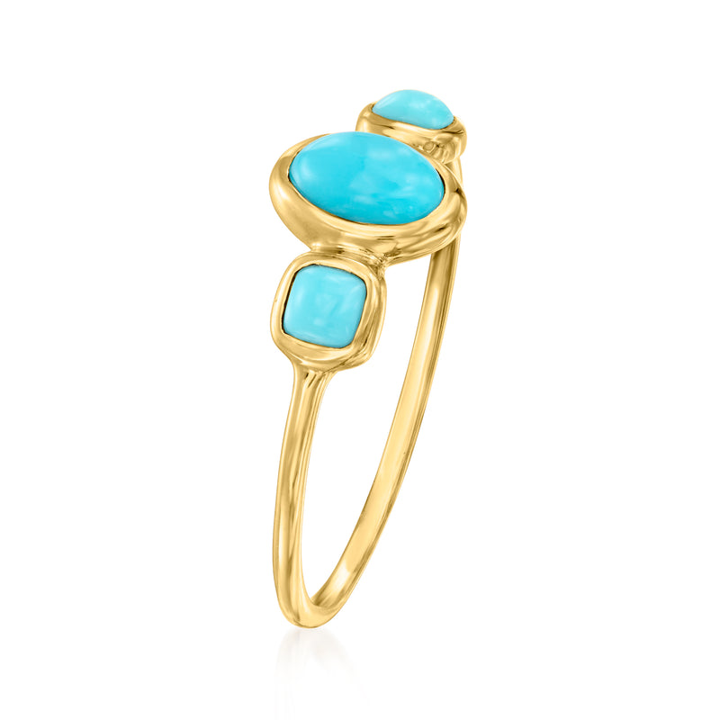14kt yellow gold three-stone ring with oval turquoise stones and rounded bezels