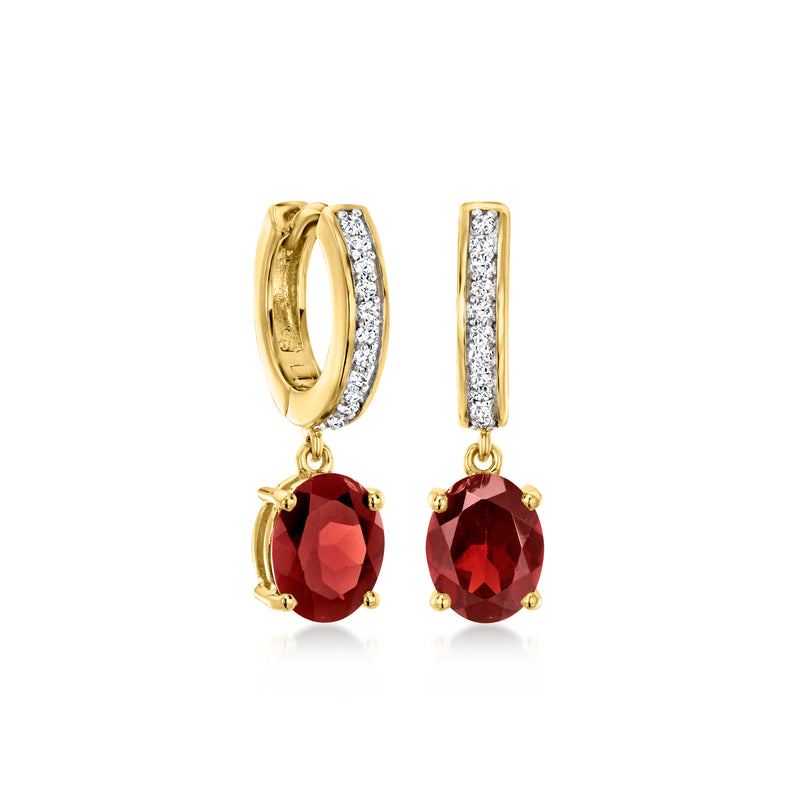 Gold over sterling hoop drop earrings with garnet and lab-grown diamond accents