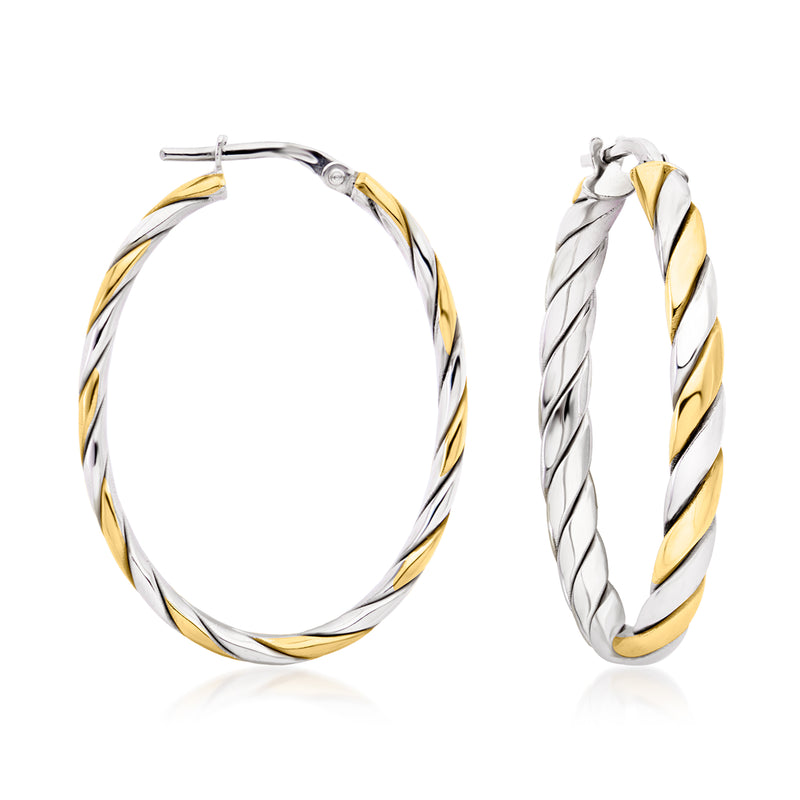 Twisted oval hoop earrings in silver with 18kt gold over sterling gold accents